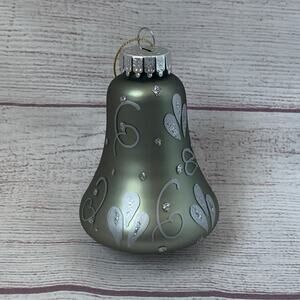 Greenish Gray and Silver Glass Bell Christmas Tree Ornament Glitter Detail 4"H